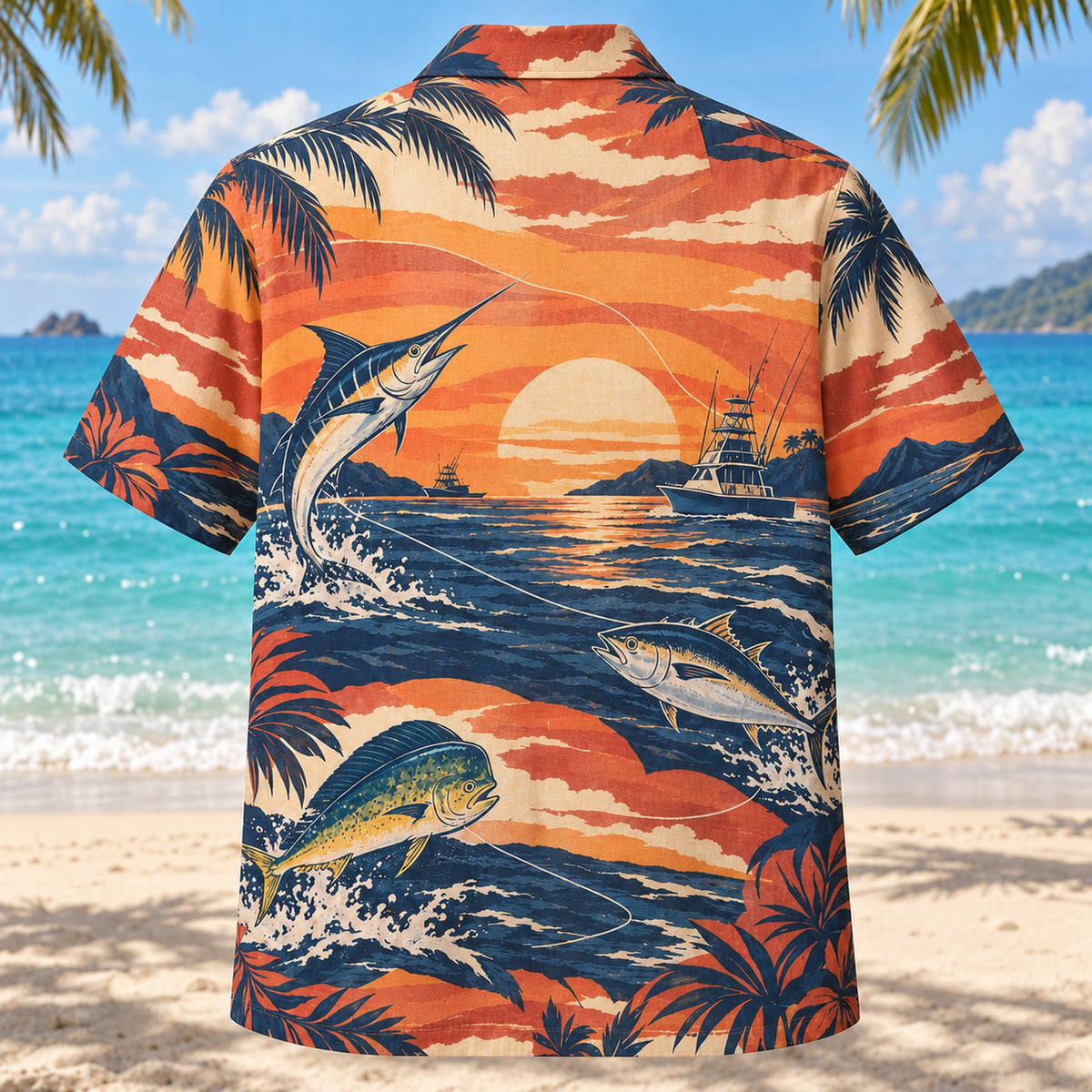 Back view of Sunset Social Saltwater Fishing Hawaiian Shirt with matching saltwater fishing artwork in terracotta, dusty orange, navy, cream
