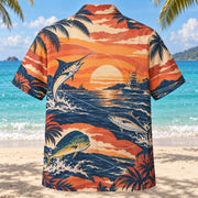 Back view of Sunset Social Saltwater Fishing Hawaiian Shirt with matching saltwater fishing artwork in terracotta, dusty orange, navy, cream