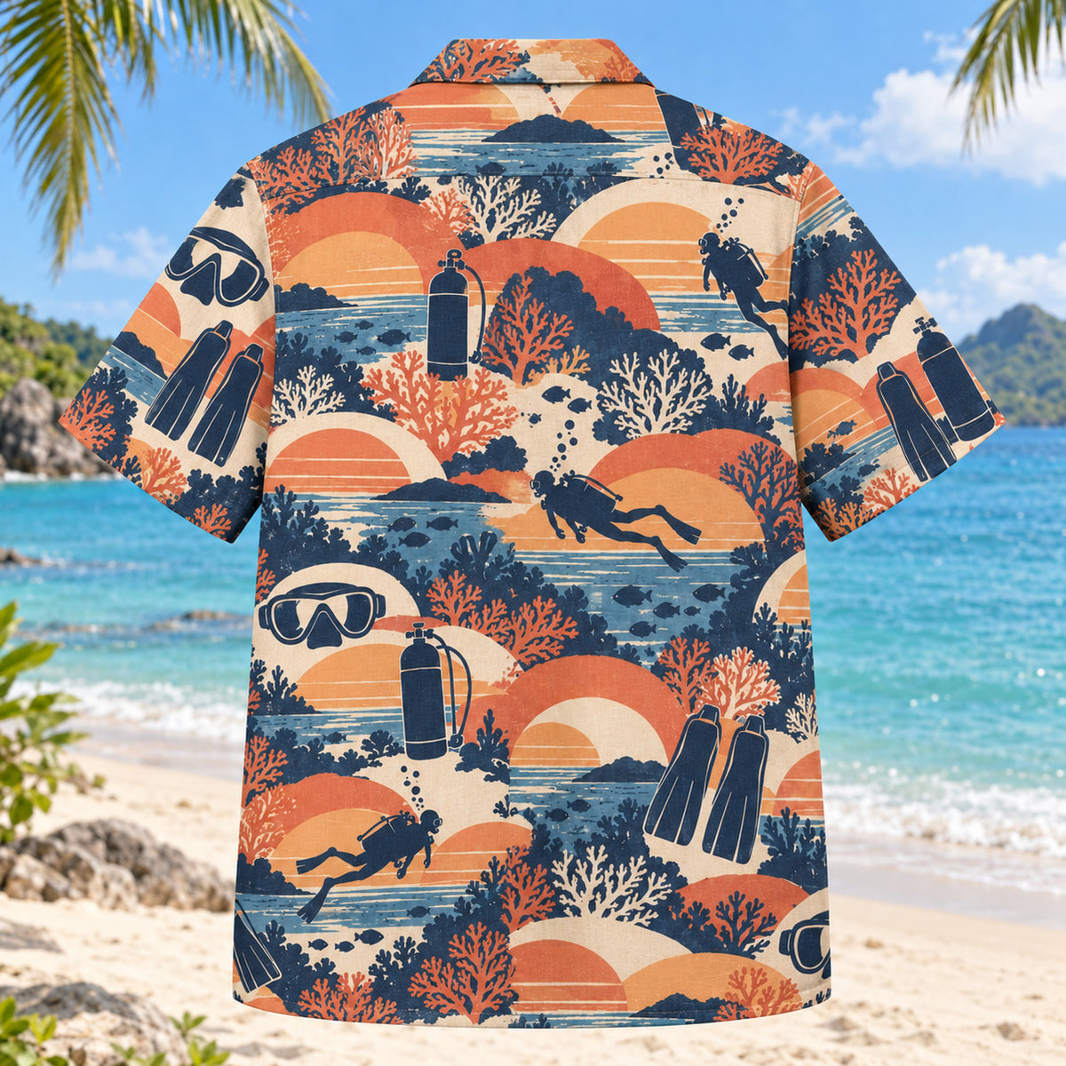 Back view of Sunset Social Scuba Diving Hawaiian Shirt with matching scuba diving artwork in terracotta, dusty orange, navy, cream