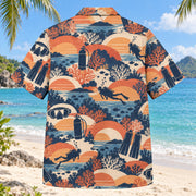 Back view of Sunset Social Scuba Diving Hawaiian Shirt with matching scuba diving artwork in terracotta, dusty orange, navy, cream