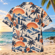 Back view of Sunset Social Ski and Snowboard Hawaiian Shirt with matching ski and snowboard artwork in terracotta, dusty orange, navy, cream