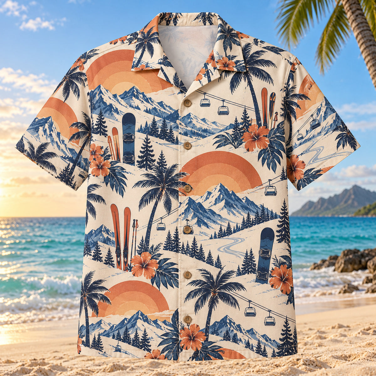 Front view of Sunset Social Ski and Snowboard Hawaiian Shirt with layered sunset arcs behind plain skis, unbranded snowboards, chairlifts and snow peaks