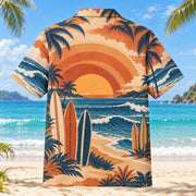 Back view of Sunset Social Surfing Hawaiian Shirt with matching surfing artwork in terracotta, dusty orange, navy, cream
