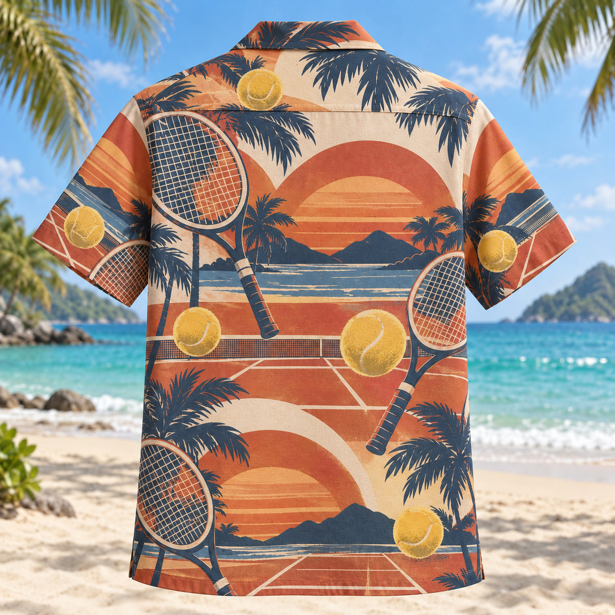 Back view of Sunset Social Tennis Hawaiian Shirt with matching tennis artwork in terracotta, dusty orange, navy, cream