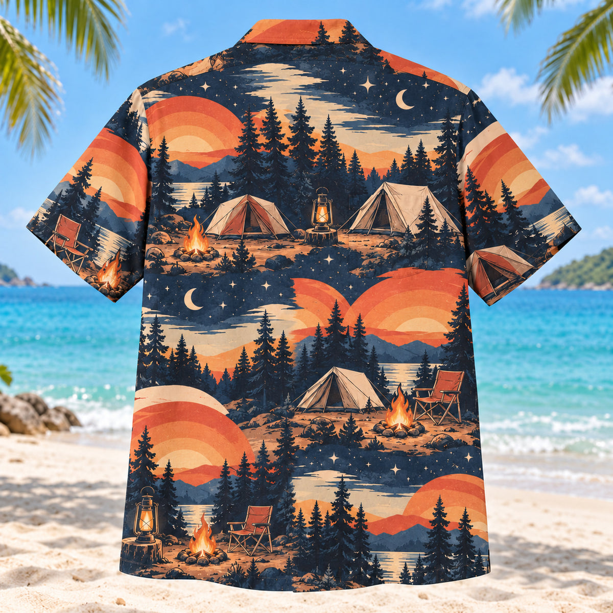 Back view of Sunset Social Tent Camping Hawaiian Shirt with matching tent camping artwork in terracotta, dusty orange, navy, cream