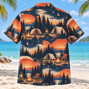 Back view of Sunset Social Tent Camping Hawaiian Shirt with matching tent camping artwork in terracotta, dusty orange, navy, cream