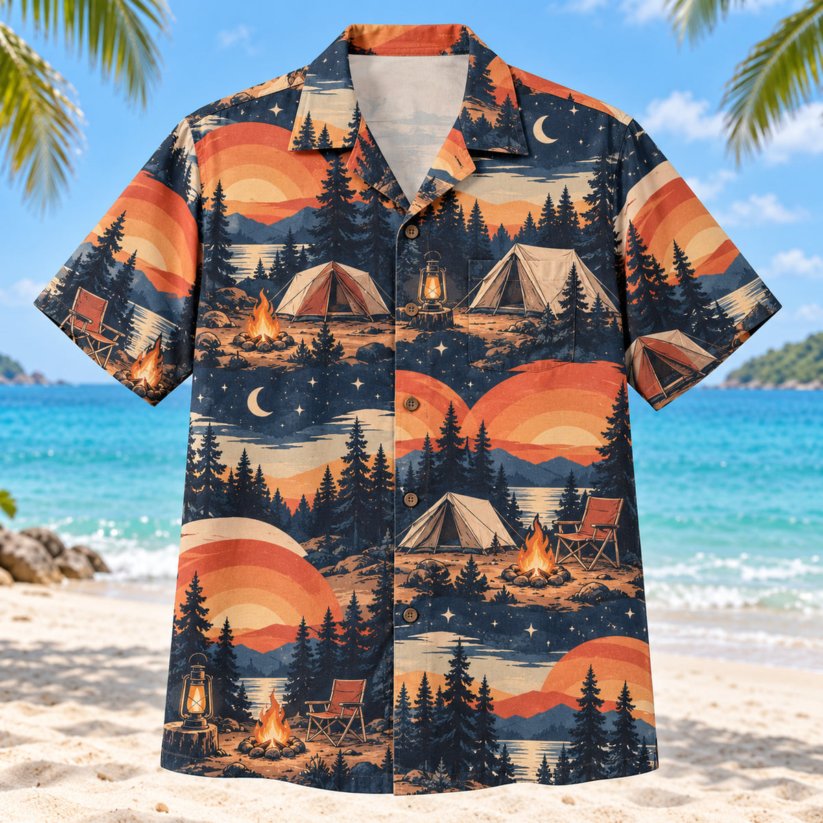 Front view of Sunset Social Tent Camping Hawaiian Shirt with layered sunset arcs behind generic tents, camp lanterns, campfires, chairs and woodland night skies