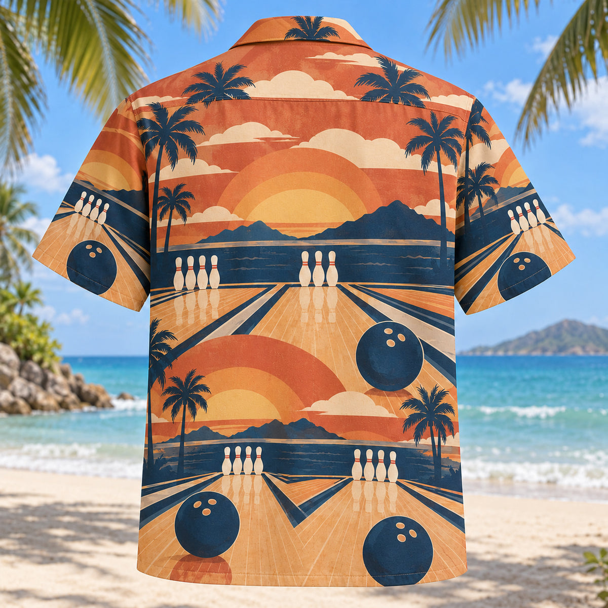 Back view of Sunset Strike Bowling Hawaiian Shirt with matching bowling artwork in terracotta, dusty orange, navy, cream