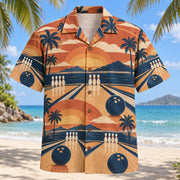 Front view of Sunset Strike Bowling Hawaiian Shirt with layered sunset arcs, stylized bowling lanes, plain pins and three-hole balls