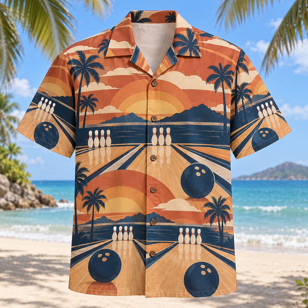 Front view of Sunset Strike Bowling Hawaiian Shirt with layered sunset arcs, stylized bowling lanes, plain pins and three-hole balls