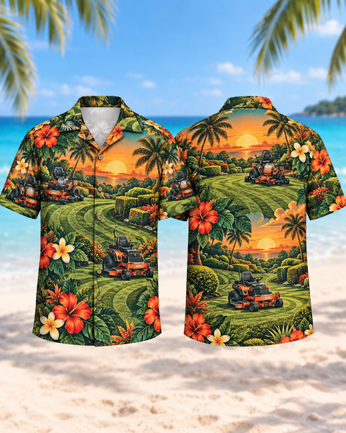 Sunset zero turn mower Hawaiian shirt with striped lawns, tropical flowers and landscaping print, front and back