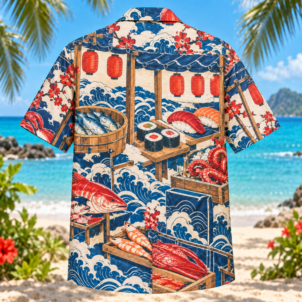 Back view of Sushi Market Japanese Food Hawaiian Shirt with matching artwork in red, blue, cream