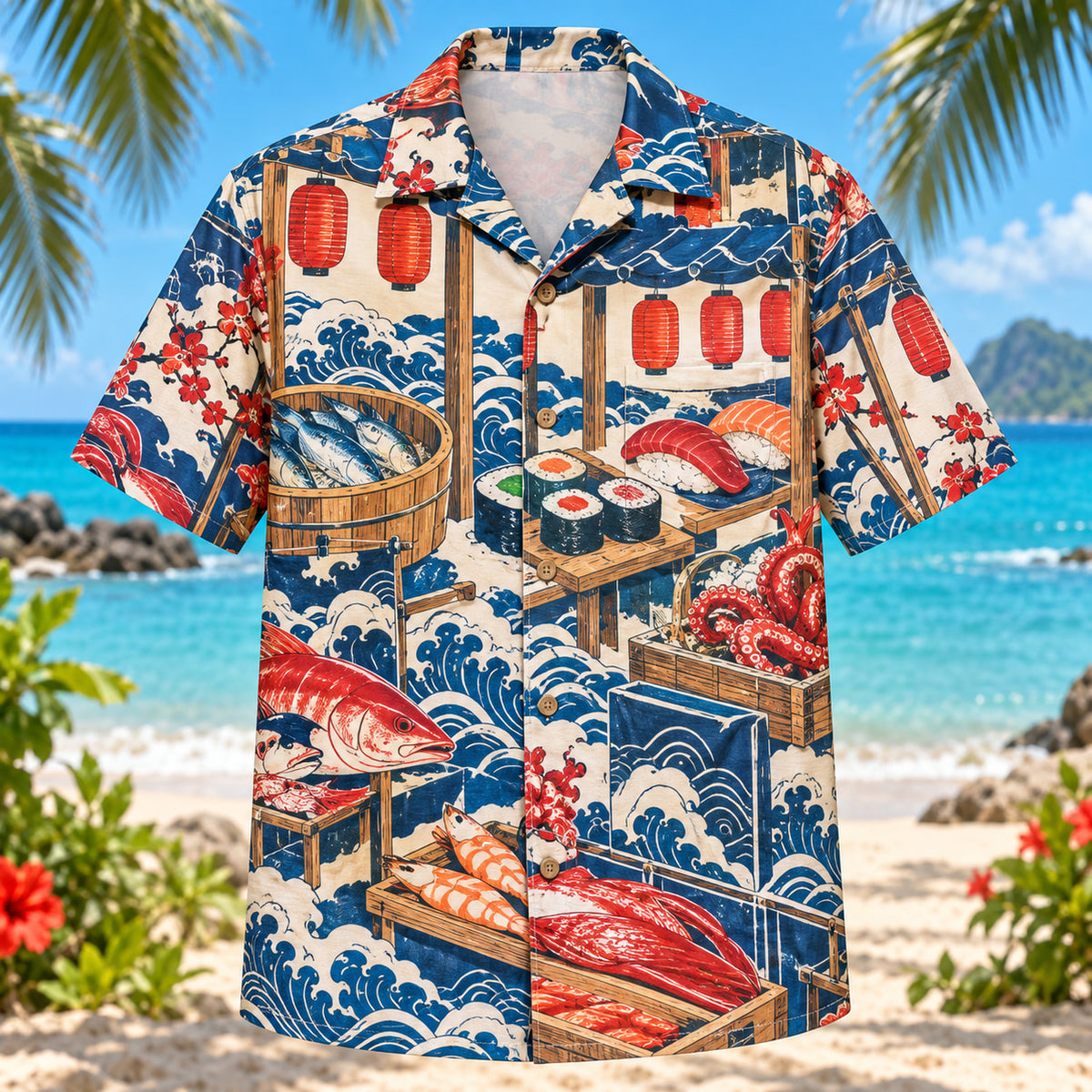 Front view of Sushi Market Japanese Food Hawaiian Shirt with original illustrated sushi food market motifs without labels