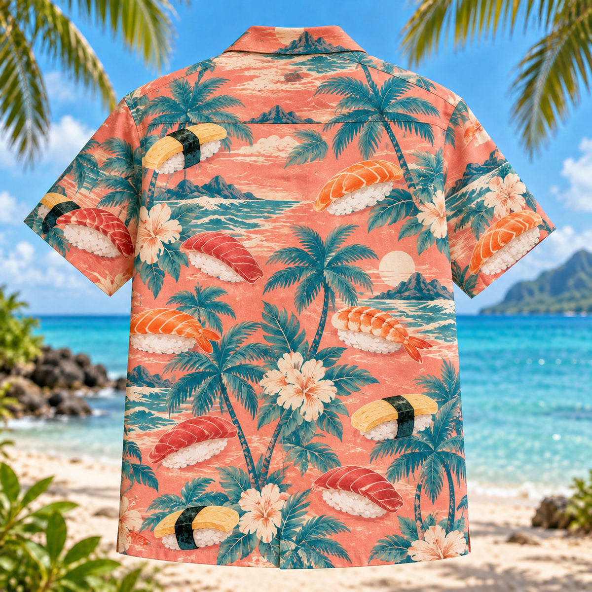 Back view of Sushi Nigiri Palm Japanese Food Hawaiian Shirt with matching artwork in coral, teal, cream