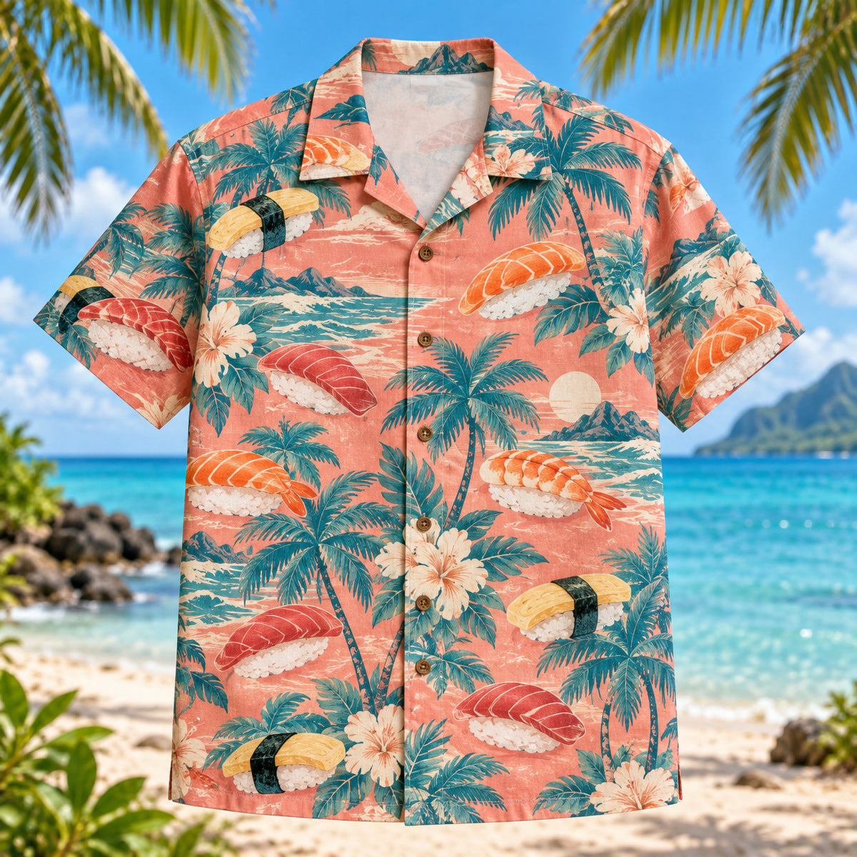 Front view of Sushi Nigiri Palm Japanese Food Hawaiian Shirt with original illustrations of generic sushi nigiri among palms