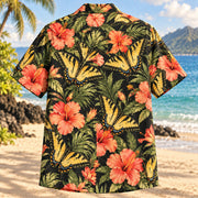 Back view of Swallowtail Hibiscus Butterfly and Moth Hawaiian Shirt with matching artwork in yellow, black, coral