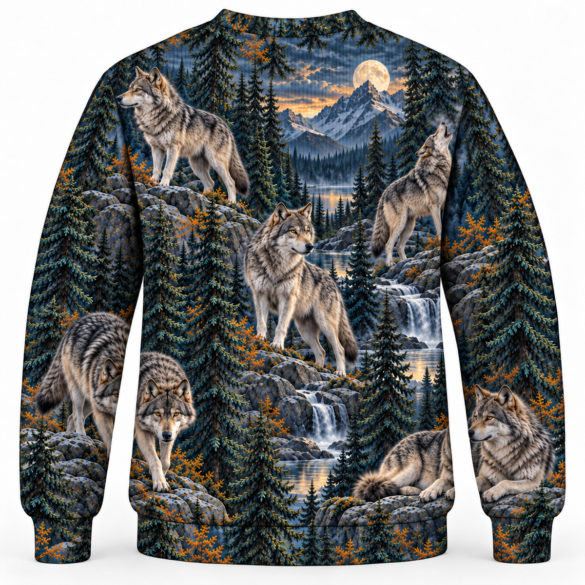 Wolf Northern Pines sweater back all over print mockup with fine vertical fabric texture