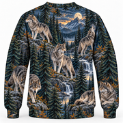 Wolf Northern Pines sweater back all over print mockup with fine vertical fabric texture