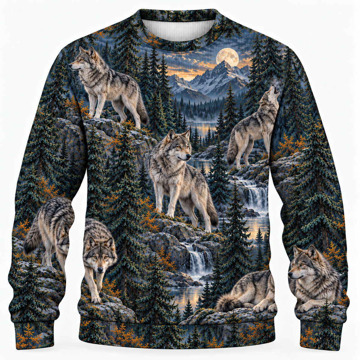 Wolf Northern Pines sweater front all over print mockup with fine vertical fabric texture