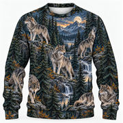 Wolf Northern Pines sweater front all over print mockup with fine vertical fabric texture
