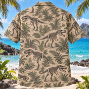 Back view of T-Rex Fossil Dinosaur Hawaiian Shirt with matching artwork in sand, charcoal, sage
