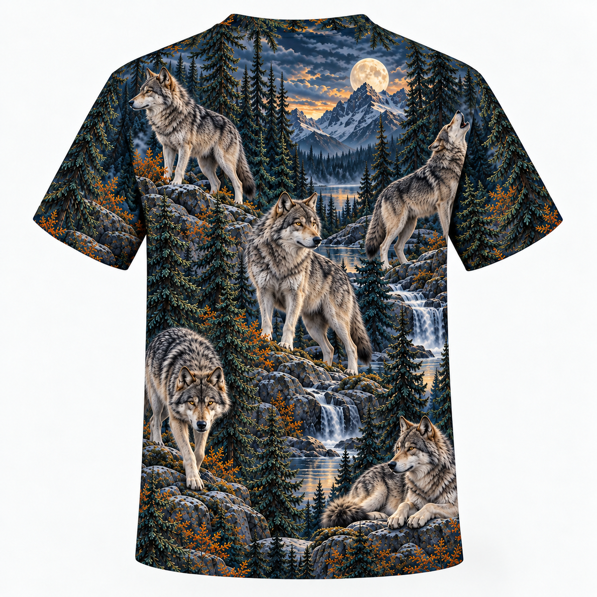 Wolf Northern Pines t shirt back all over print mockup
