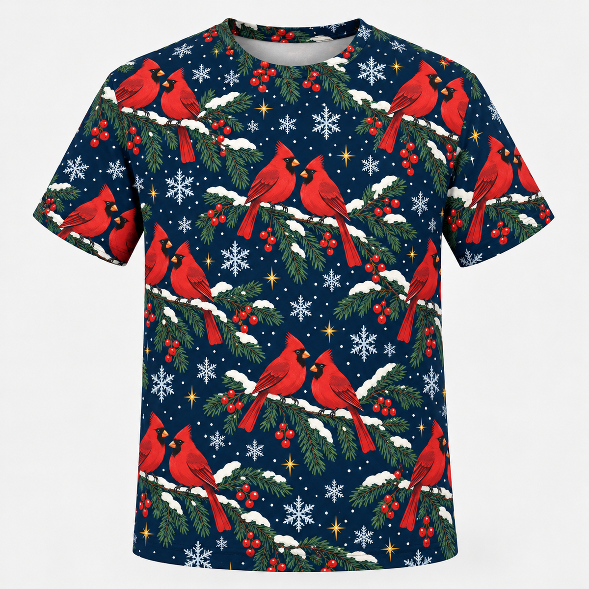 Christmas Cardinal Snowy Spruce T-Shirt front mockup