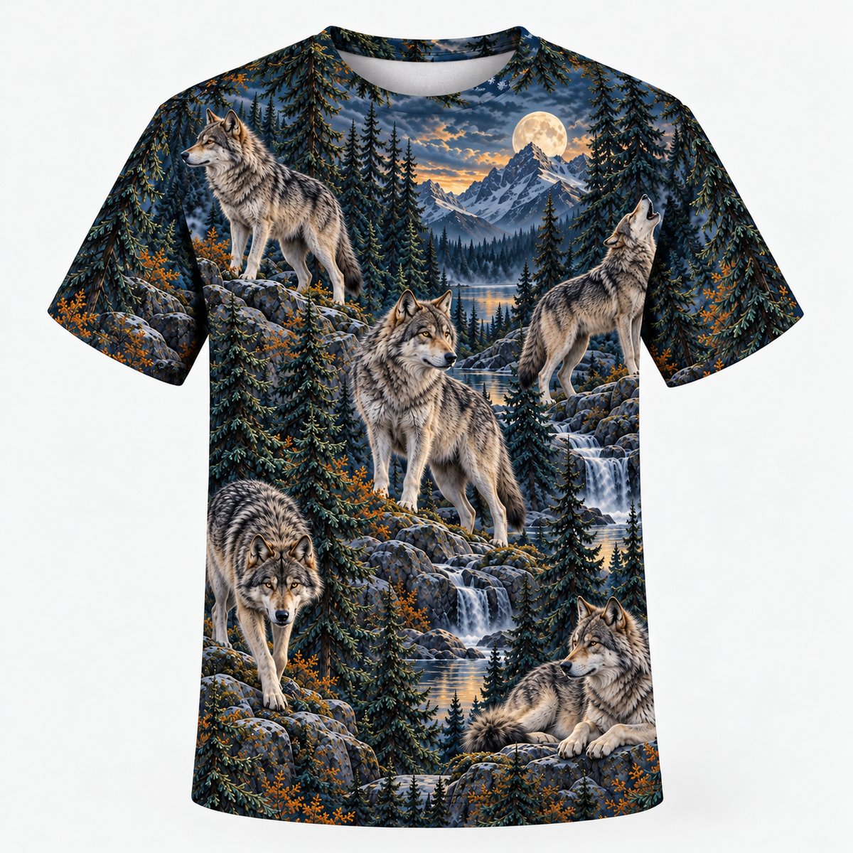 Wolf Northern Pines t shirt front all over print mockup