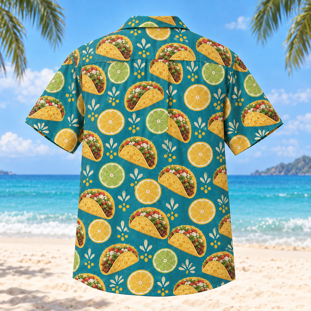 Back view of Taco Checker Hawaiian Shirt with matching artwork in teal, mustard, cream