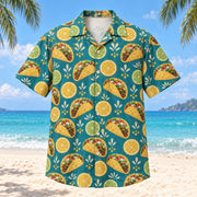Front view of Taco Checker Hawaiian Shirt with alternating illustrated tacos and citrus medallions in an original loose grid