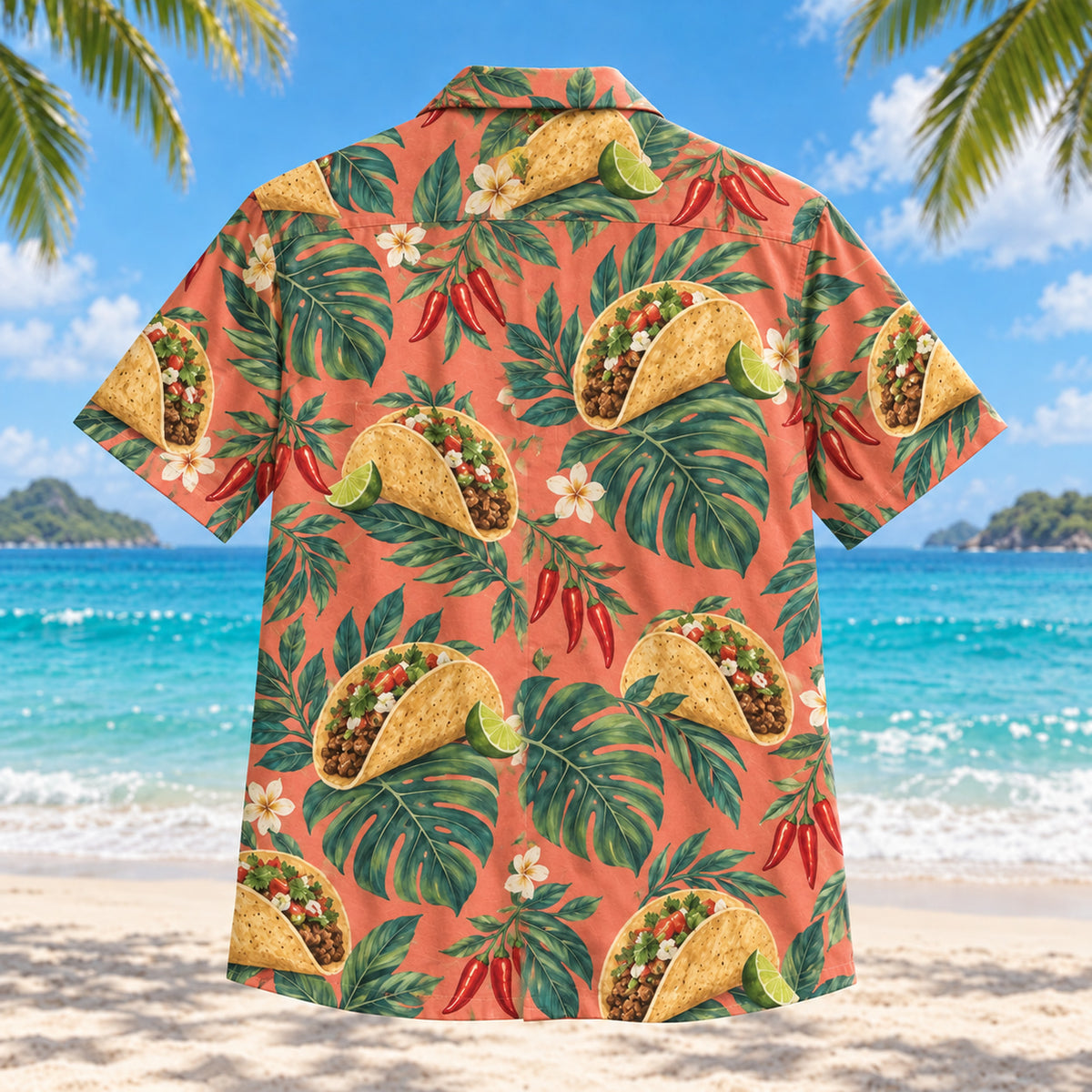 Back view of Taco Fiesta Botanical Hawaiian Shirt with matching artwork in coral, jade, parchment
