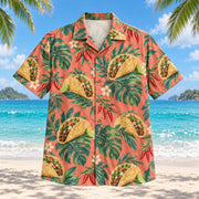 Front view of Taco Fiesta Botanical Hawaiian Shirt with recognizable tacos framed by large original leaves and small chili clusters