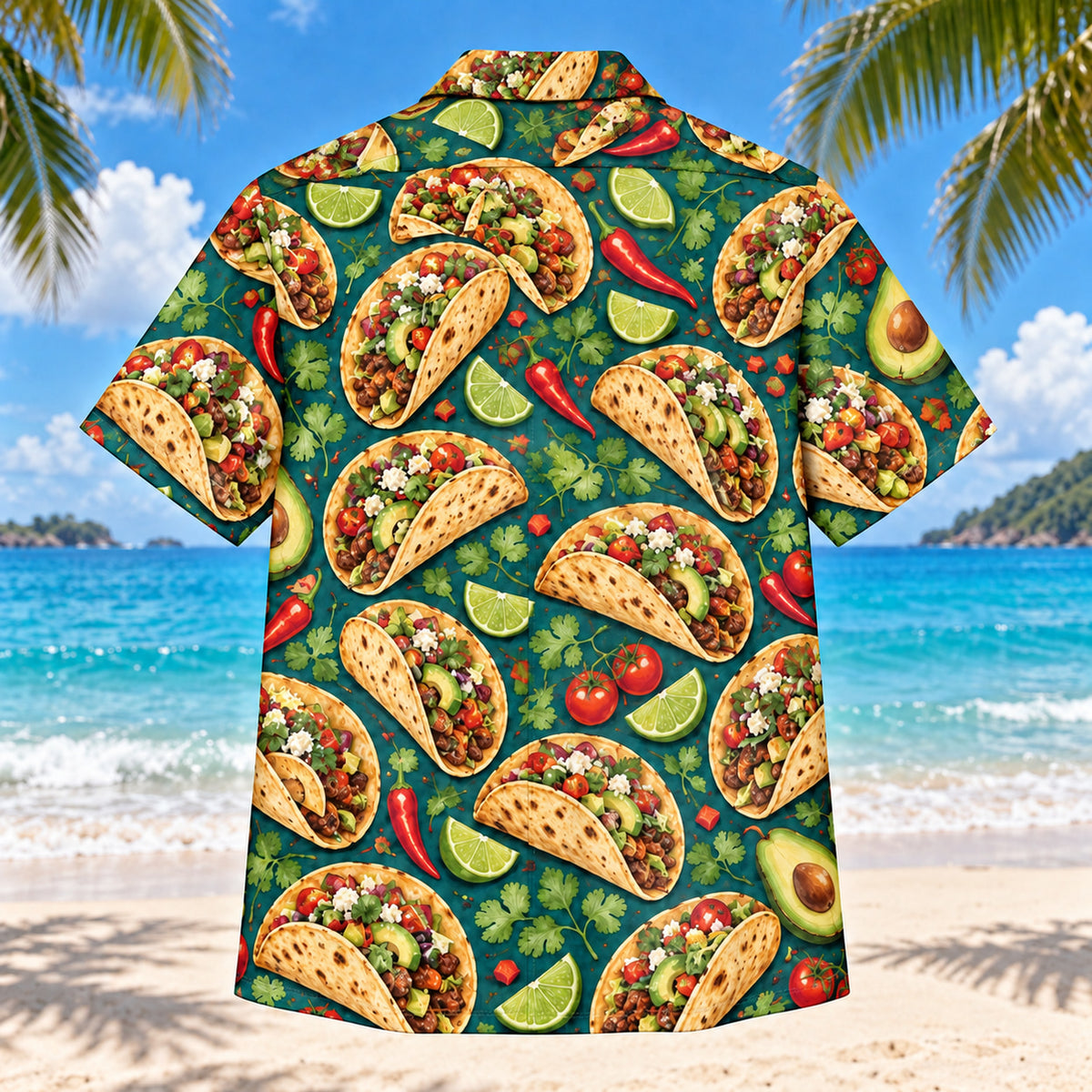 Back view of Taco Garden Taco and Tex-Mex Hawaiian Shirt with matching artwork in deep teal, avocado green, coral
