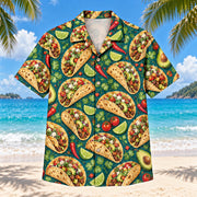 Front view of Taco Garden Taco and Tex-Mex Hawaiian Shirt with original open tacos, avocado halves, lime wedges, cilantro and red chilies on a deep teal field
