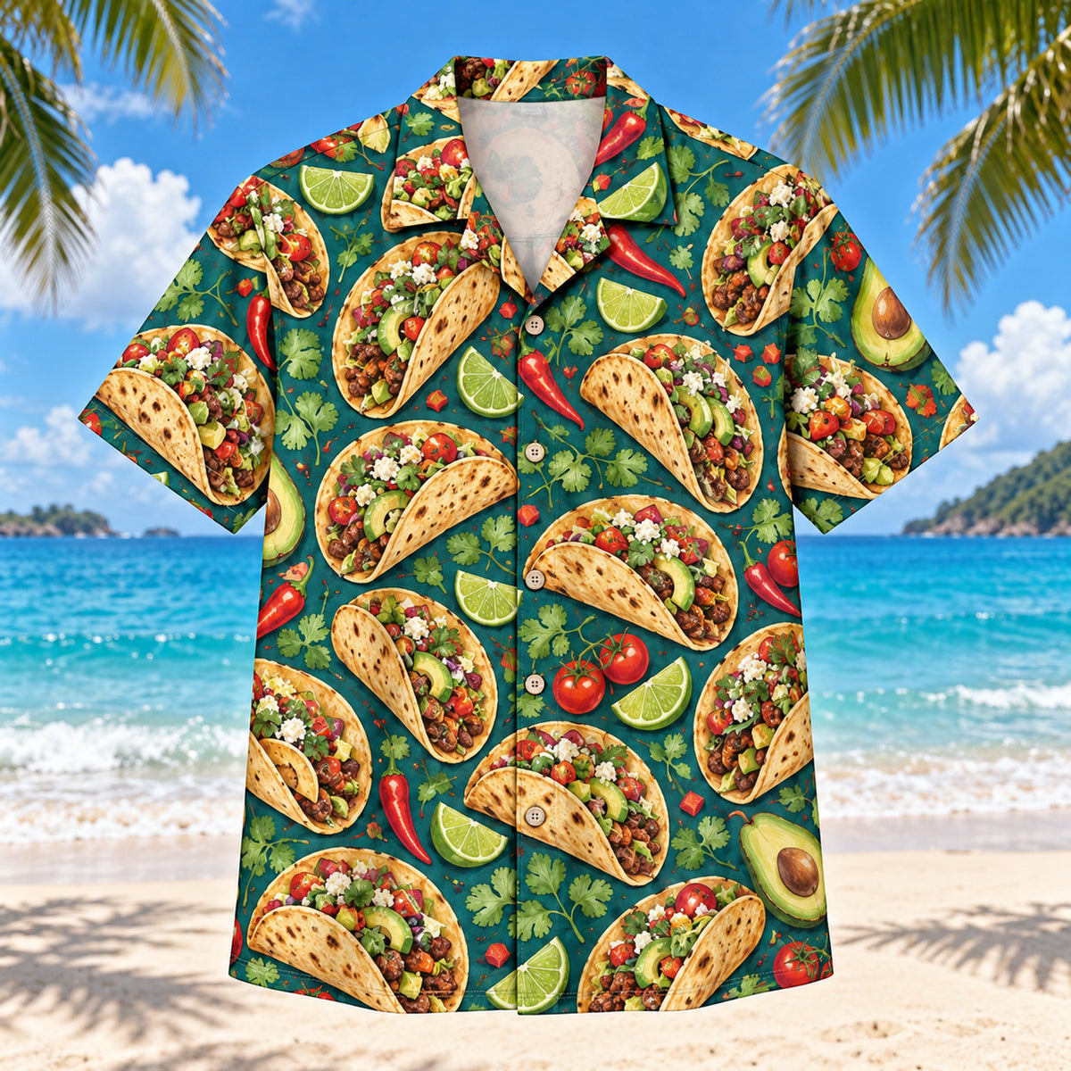 Front view of Taco Garden Taco and Tex-Mex Hawaiian Shirt with original open tacos, avocado halves, lime wedges, cilantro and red chilies on a deep teal field