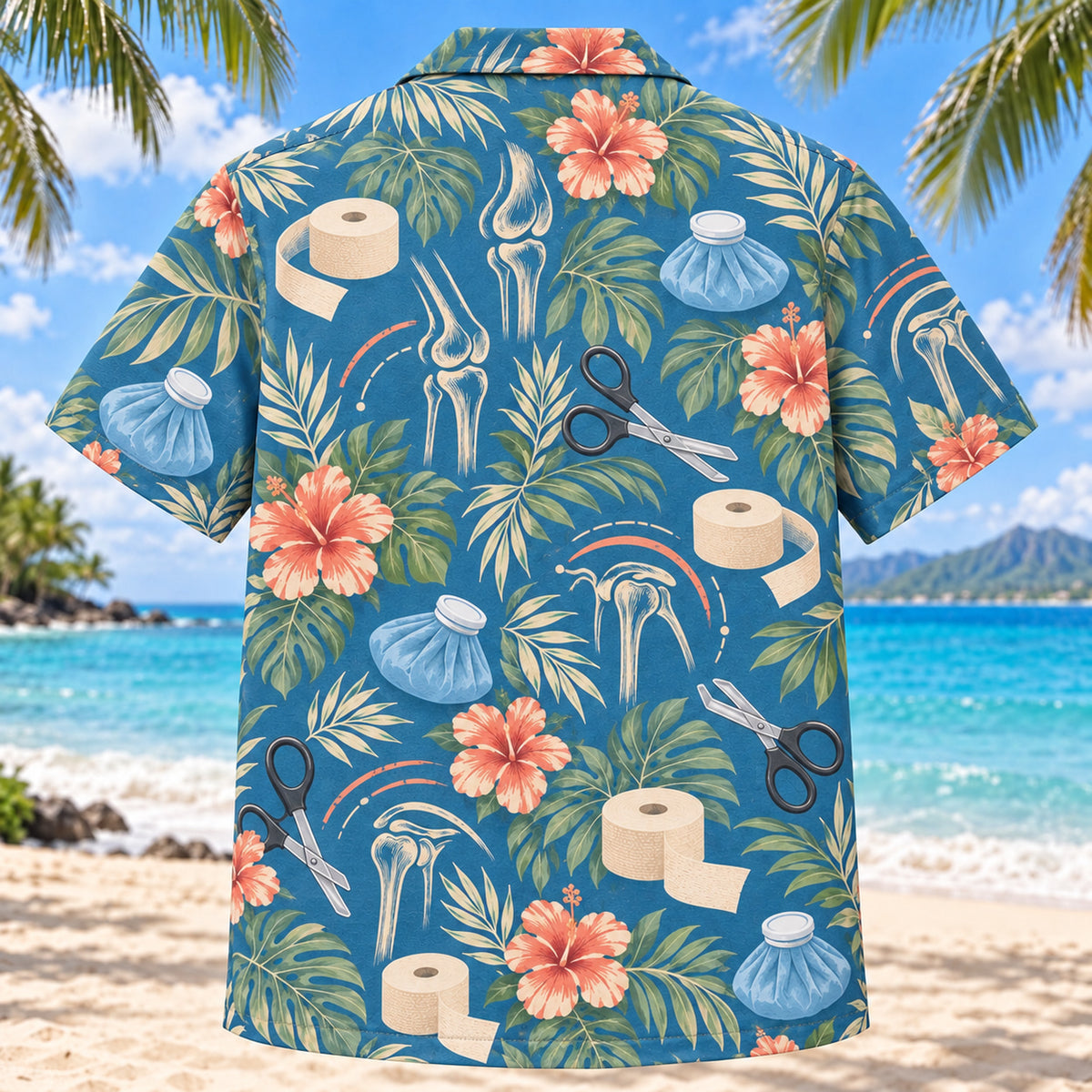 Back view of Tape and Motion Athletic Trainer Hawaiian Shirt with matching artwork in sea blue, cream, sage, muted coral