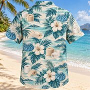 Back view of Tape Garden Aqua Sand Athletic Trainer Hawaiian Shirt with matching artwork in muted aqua, sand cream, deep teal