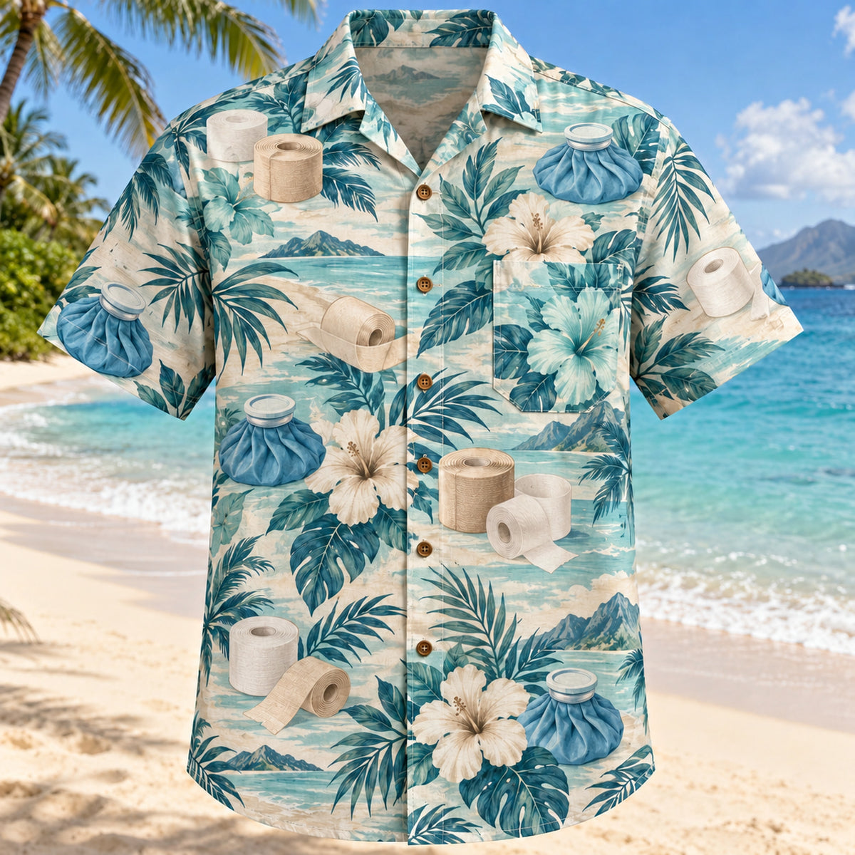 Front view of Tape Garden Aqua Sand Athletic Trainer Hawaiian Shirt with original unbranded athletic tape rolls, cold packs and hibiscus in an airy repeat
