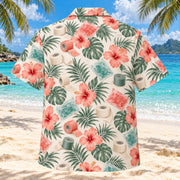 Back view of Tape Garden Coral Sage Athletic Trainer Hawaiian Shirt with matching artwork in soft coral, sage, cream