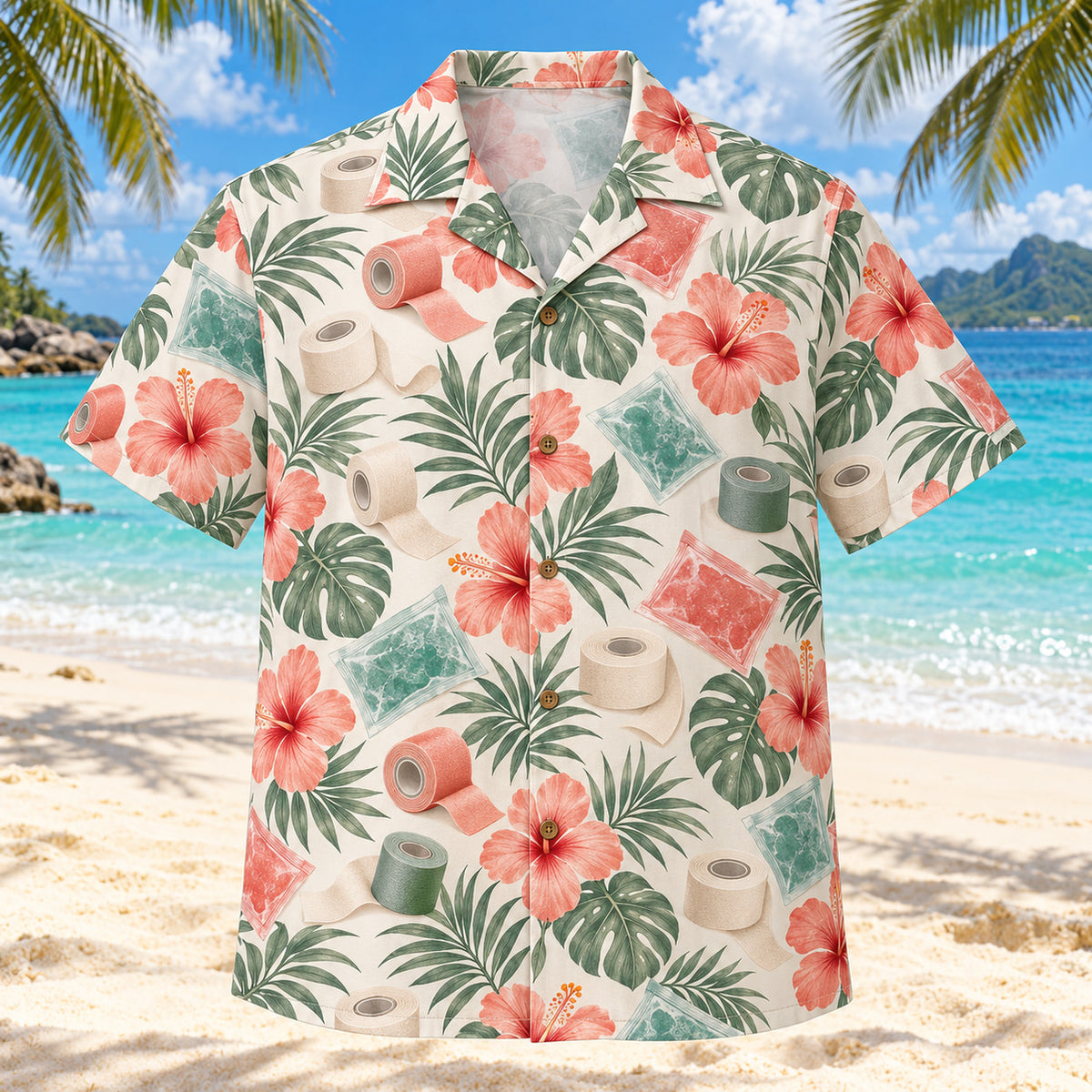 Front view of Tape Garden Coral Sage Athletic Trainer Hawaiian Shirt with original unbranded athletic tape rolls, cold packs and hibiscus in an airy repeat