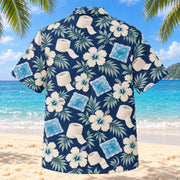 Back view of Tape Garden Navy Cream Athletic Trainer Hawaiian Shirt with matching artwork in navy, warm ivory, pale seafoam