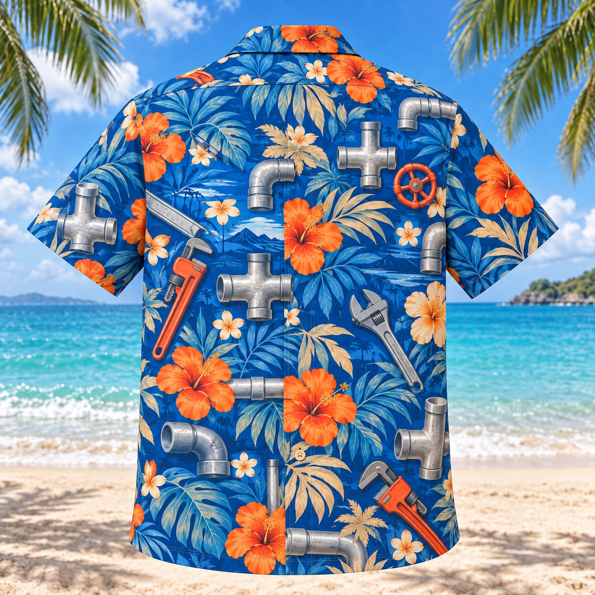 Back view of Tee Junction Plumber Hawaiian Shirt with matching artwork in cobalt, sand, orange