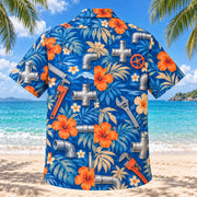 Back view of Tee Junction Plumber Hawaiian Shirt with matching artwork in cobalt, sand, orange