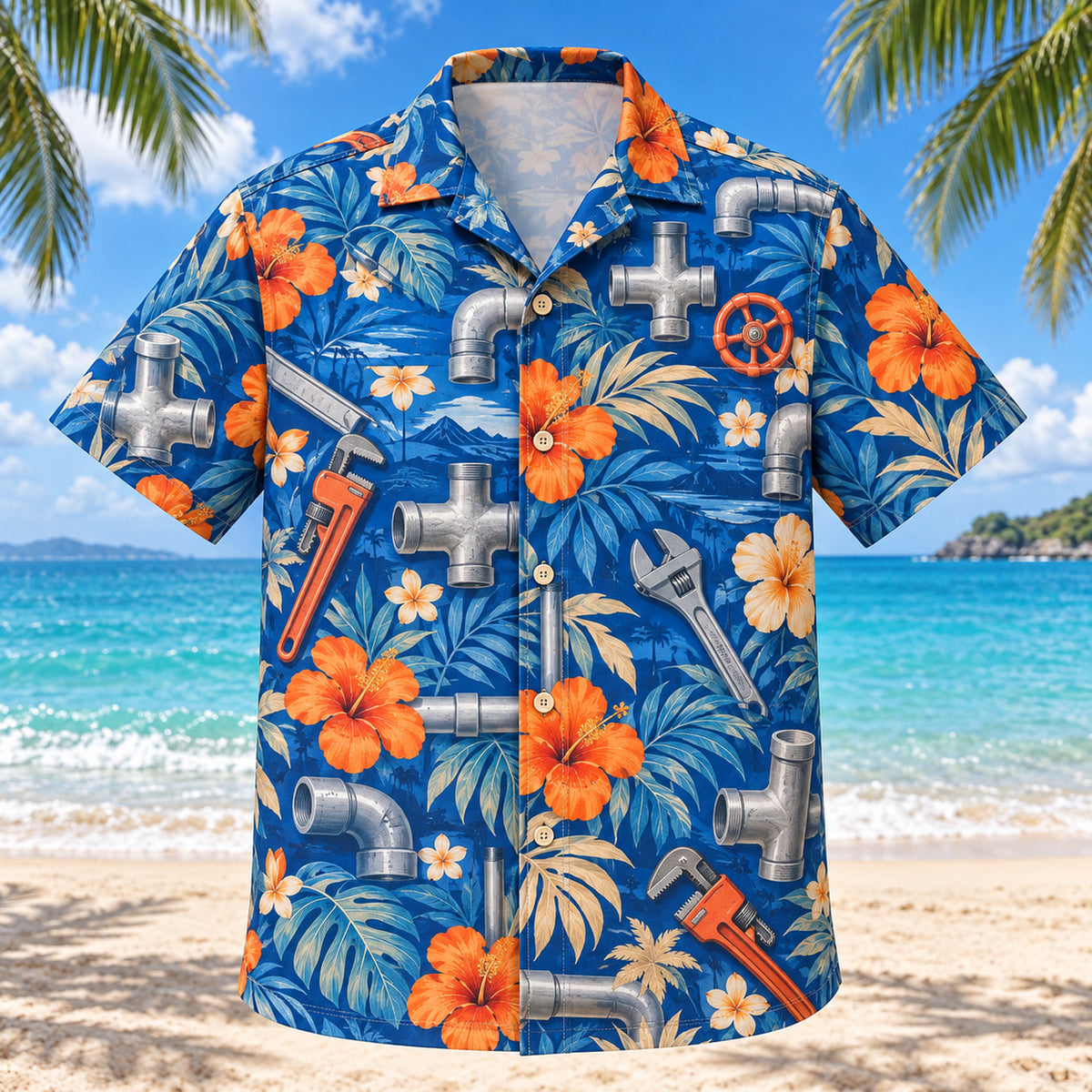 Front view of Tee Junction Plumber Hawaiian Shirt with original tee junction motifs, with tropical botanical accents; no text or branded equipment