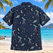 Back view of Telescope Night Sky Hawaiian Shirt with generic backyard telescopes, decorative stars, crescent moons, ringed planet icons and unlabeled geometric constellations