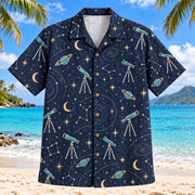 Front view of Telescope Night Sky Hawaiian Shirt with generic backyard telescopes, decorative stars, crescent moons, ringed planet icons and unlabeled geometric constellations