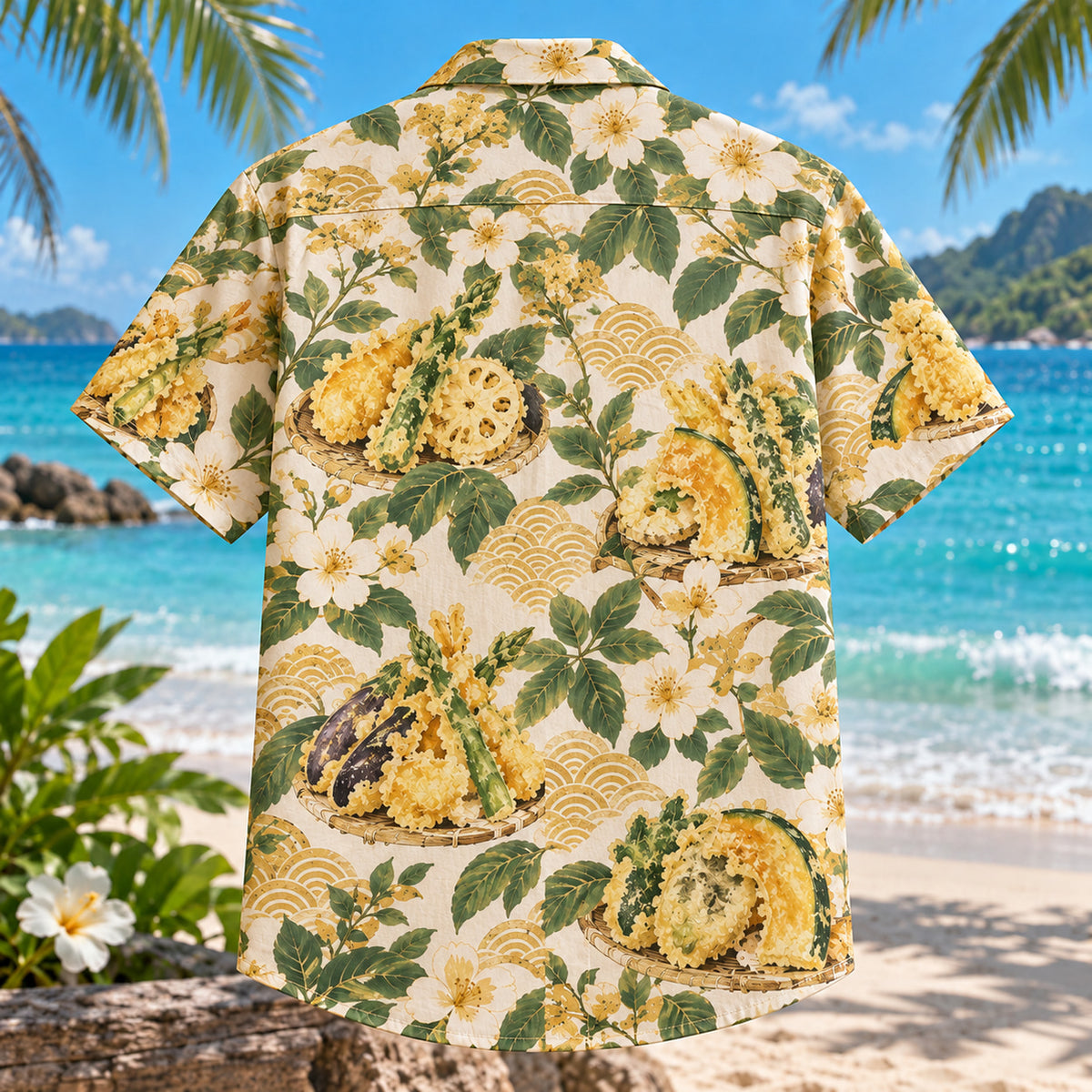 Back view of Tempura Garden Japanese Food Hawaiian Shirt with matching artwork in gold, green, ivory