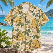 Front view of Tempura Garden Japanese Food Hawaiian Shirt with illustrated vegetable tempura among garden blooms
