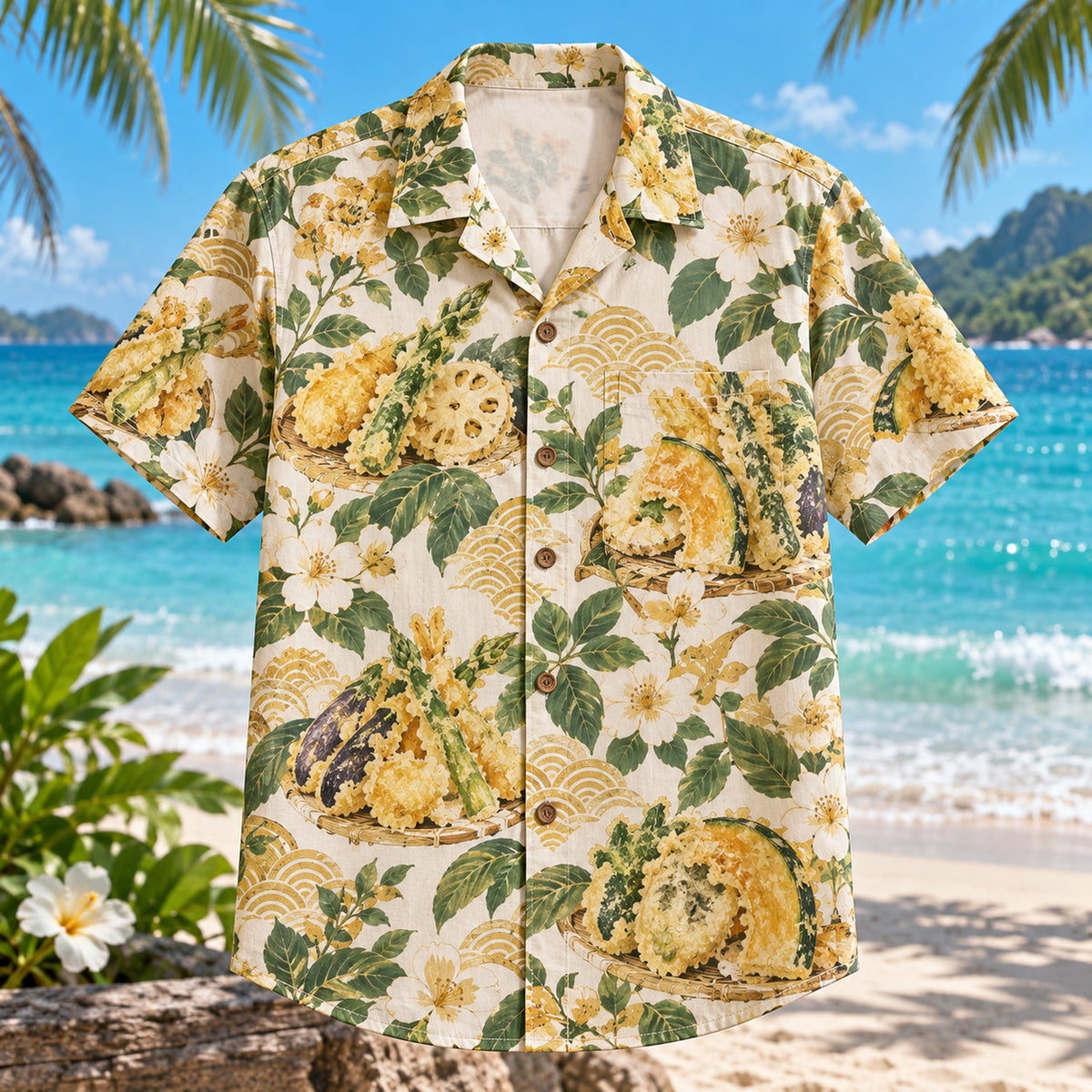 Front view of Tempura Garden Japanese Food Hawaiian Shirt with illustrated vegetable tempura among garden blooms