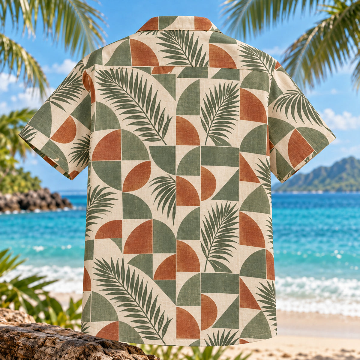 Back view of Tessellation Palm Mathematics Hawaiian Shirt with matching artwork in sage, cream, rust